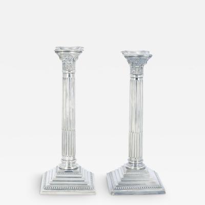 Pair 19th Century English Silverplate Neoclassical Column Form Candlesticks