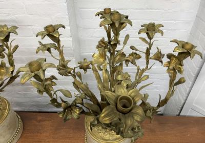 Pair 19th Century French Dore Bronze and Marble Candelabras