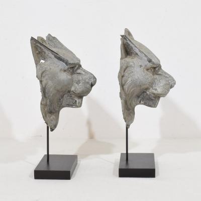 Pair 19th Century French Zinc Mythical Lion Wolf Head Fragments