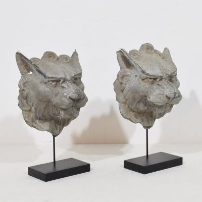 Pair 19th Century French Zinc Mythical Lion Wolf Head Fragments