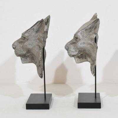 Pair 19th Century French Zinc Mythical Lion Wolf Head Fragments