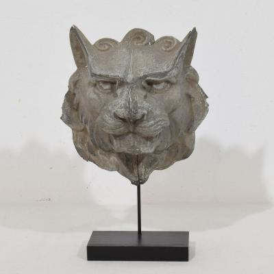 Pair 19th Century French Zinc Mythical Lion Wolf Head Fragments