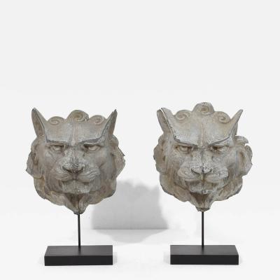 Pair 19th Century French Zinc Mythical Lion Wolf Head Fragments