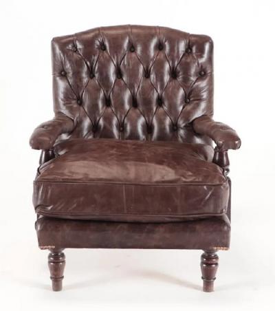 Pair 19th Century Napolean III Tufted Leather Armchairs