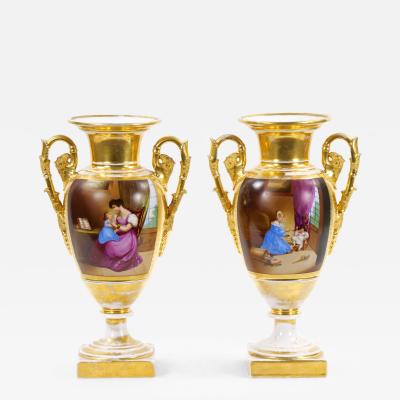 Pair 19th Century Paris Porcelain Vases with Gilt Hand Painted Decorations
