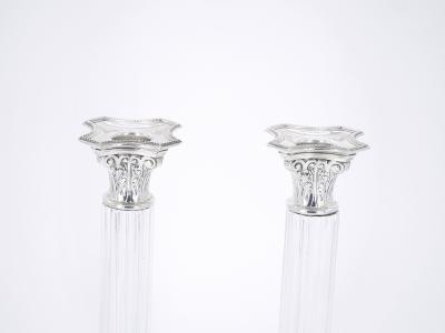 Pair 19th Century Portuguese Silverplated and Glass Column Form Candlesticks