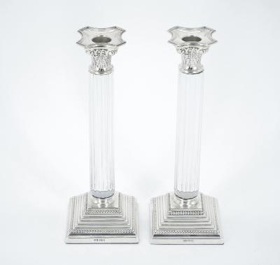 Pair 19th Century Portuguese Silverplated and Glass Column Form Candlesticks