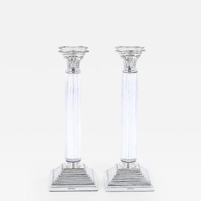 Pair 19th Century Portuguese Silverplated and Glass Column Form Candlesticks