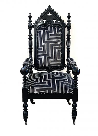 Pair 19th Century Victorian Gothic Revival Turned Carved Ebonized Armchairs