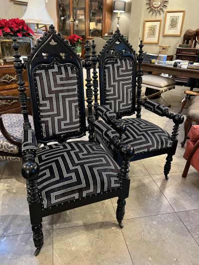 Pair 19th Century Victorian Gothic Revival Turned Carved Ebonized Armchairs