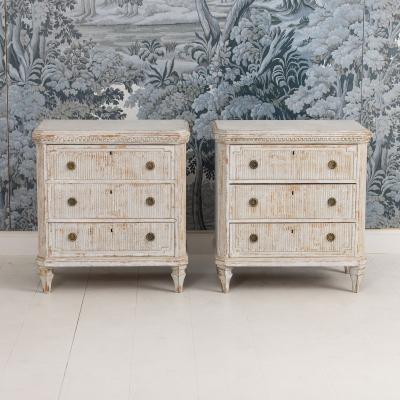 Pair 19th c Swedish Gustavian Painted Bedside Commodes with Reeded Drawers