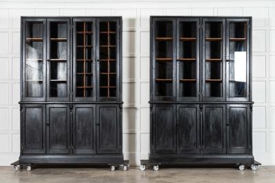 Pair 19thC English Ebonised Pine Glazed Housekeepers Cupboards