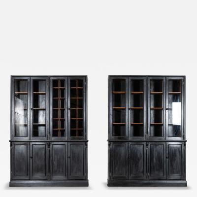 Pair 19thC English Ebonised Pine Glazed Housekeepers Cupboards