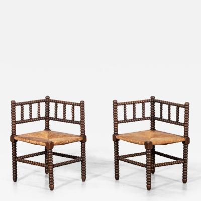 Pair 19thC English Oak Bobbin Corner Chairs