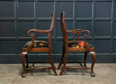 Pair 19thC Large Mahogany Carver Elbow Chairs Reupholstered