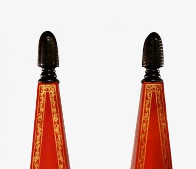 Pair 67 Painted Wood Hollywood Regency Obelisks with Gilt Detailing c 1960s