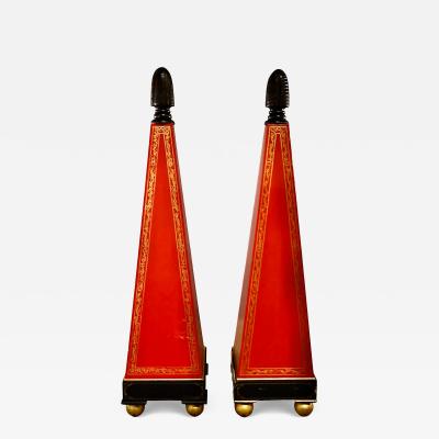 Pair 67 Painted Wood Hollywood Regency Obelisks with Gilt Detailing c 1960s