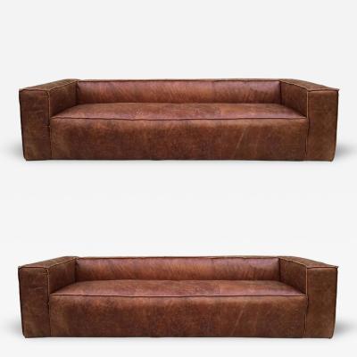 Pair 9 ft Italian Distressed Leather Sofas