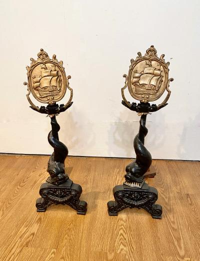Pair American Cast Iron Dolphin Sailing Ship Andirons