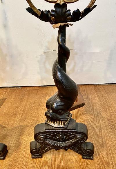Pair American Cast Iron Dolphin Sailing Ship Andirons