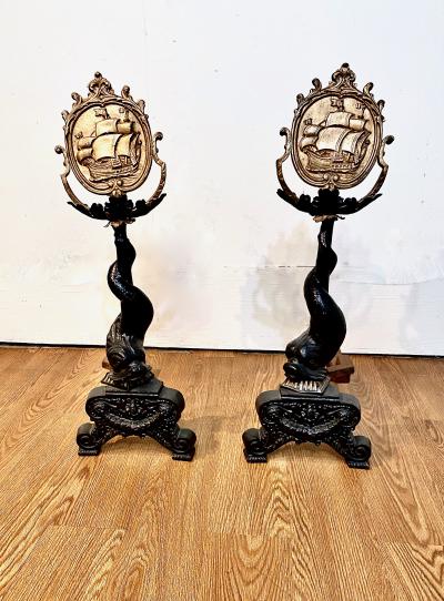 Pair American Cast Iron Dolphin Sailing Ship Andirons