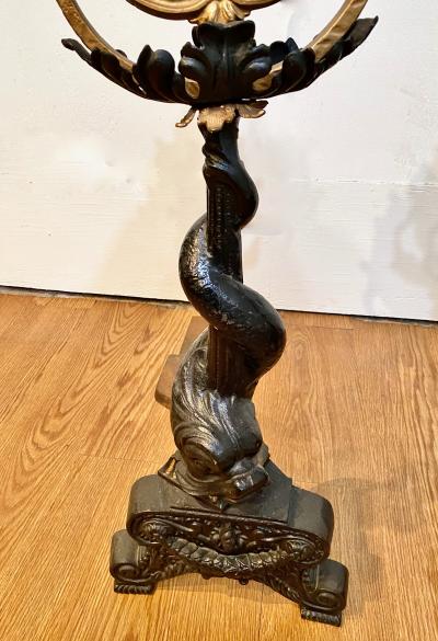 Pair American Cast Iron Dolphin Sailing Ship Andirons