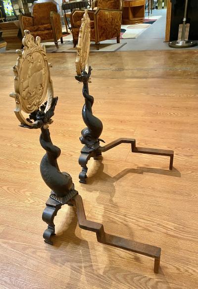 Pair American Cast Iron Dolphin Sailing Ship Andirons