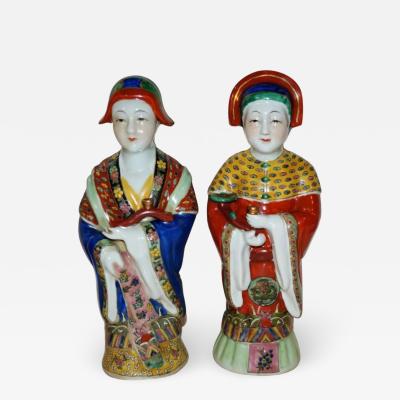 Pair Antique Emperor Empress Figure Figurine Statue Hand Painted Qing Dynasty