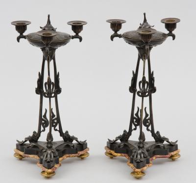 Pair Antique French Bronze Pastille Burner Candelabra