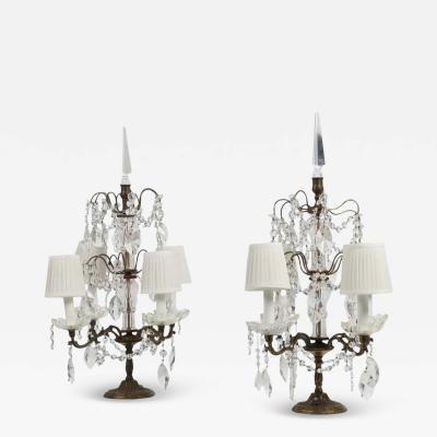 Pair Antique French Crystal Bronze Table Chandeliers or Girandoles