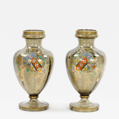 Pair Antique French Hand Gilt Decorated Enameled Gray Tinted Glass Vases