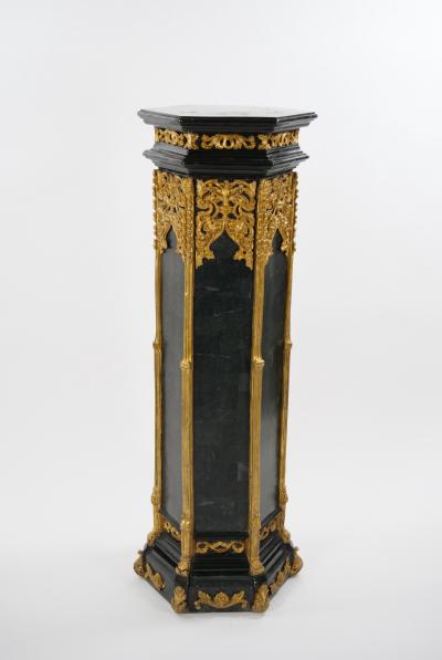 Pair Antique French Napoleon III Marble Ebonized Gilt Wooden Pedestals