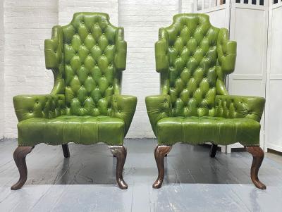 Pair Antique Style Tufted Leather Wingback Chairs