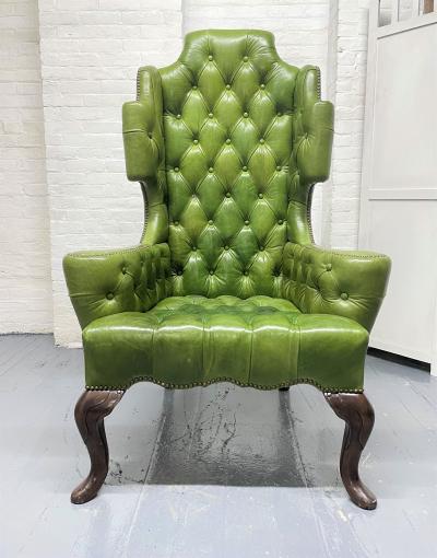Pair Antique Style Tufted Leather Wingback Chairs