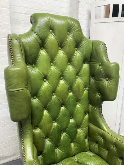 Pair Antique Style Tufted Leather Wingback Chairs