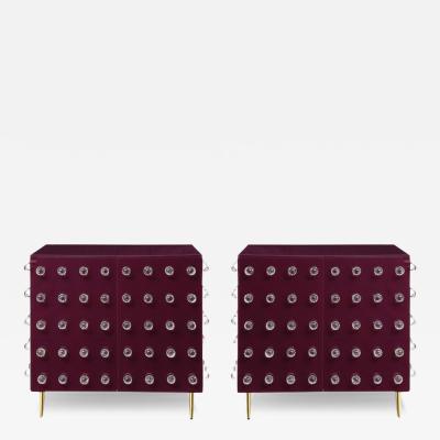 Pair Aubergine Glass with Clear Murano Spheres Cabinets with Brass Legs Italy