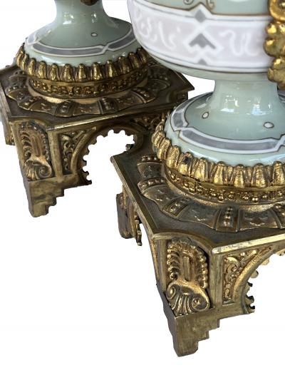 Pair Austrian Porcelain Celadon Glazed Urn form Lamps with Gilt Bronze Mounts
