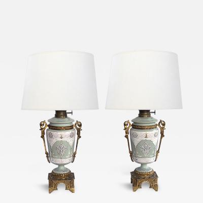 Pair Austrian Porcelain Celadon Glazed Urn form Lamps with Gilt Bronze Mounts