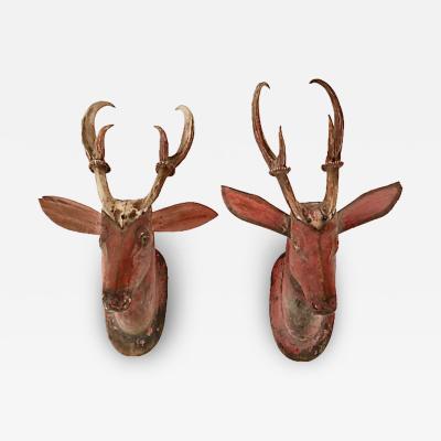 Pair Black Forest Carved Wood Deer Heads