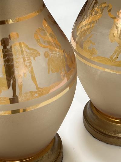 Pair Bohemian Frosted Flash Glass Overlay Lamps with Classical Figures