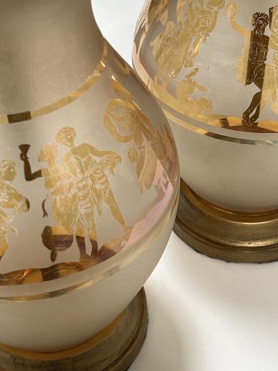 Pair Bohemian Frosted Flash Glass Overlay Lamps with Classical Figures