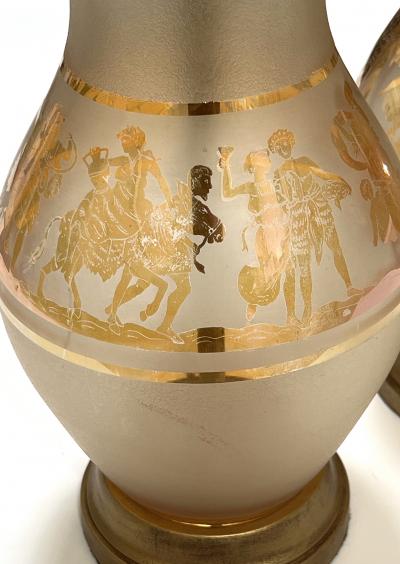 Pair Bohemian Frosted Flash Glass Overlay Lamps with Classical Figures