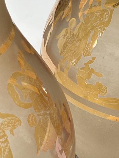 Pair Bohemian Frosted Flash Glass Overlay Lamps with Classical Figures