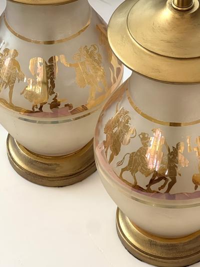 Pair Bohemian Frosted Flash Glass Overlay Lamps with Classical Figures