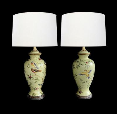 Pair Bradburn Gallery Linen over plaster Lamps with Hand painted Bird Motifs