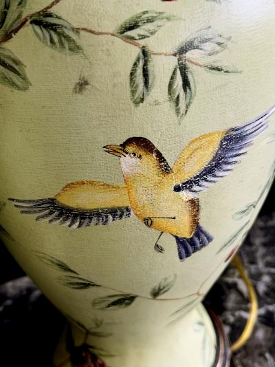Pair Bradburn Gallery Linen over plaster Lamps with Hand painted Bird Motifs