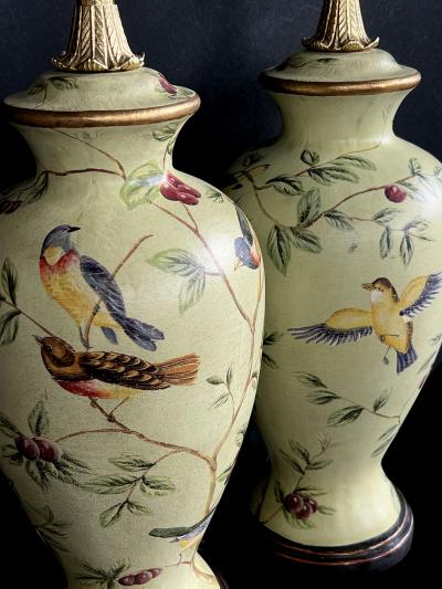 Pair Bradburn Gallery Linen over plaster Lamps with Hand painted Bird Motifs