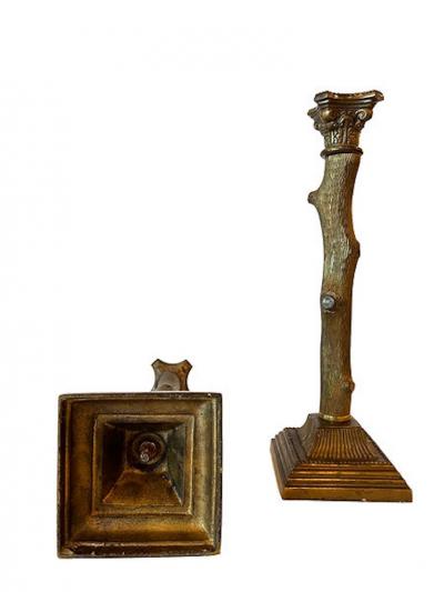 Pair Bronze Tree Branch Candlesticks with Roman Capital Top Grand Tour 19th C