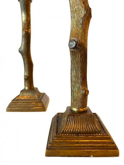 Pair Bronze Tree Branch Candlesticks with Roman Capital Top Grand Tour 19th C