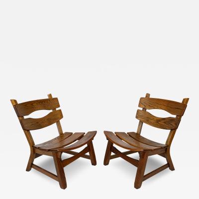 Pair Brutalist Solid Oak Lounge Chairs by Dittmann Co